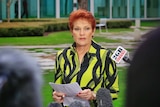 Pauline Hanson is seen through press microphones as she gives a statement to the media.
