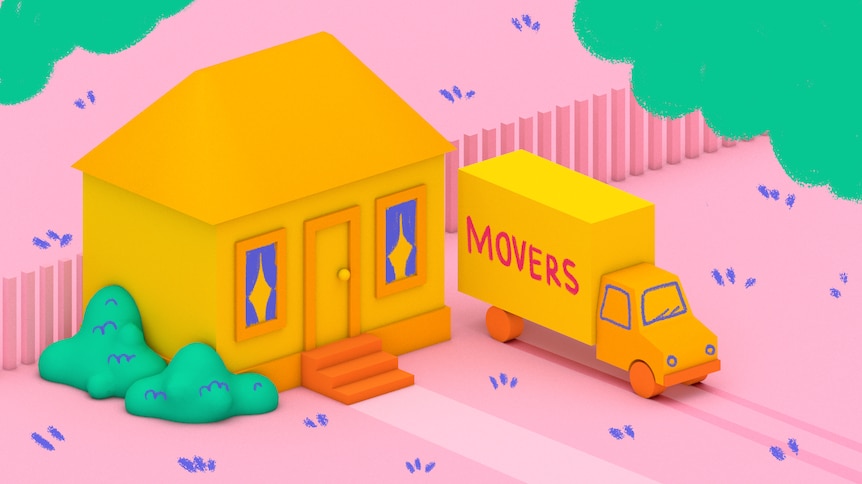 Illustration shows moving truck outside a home