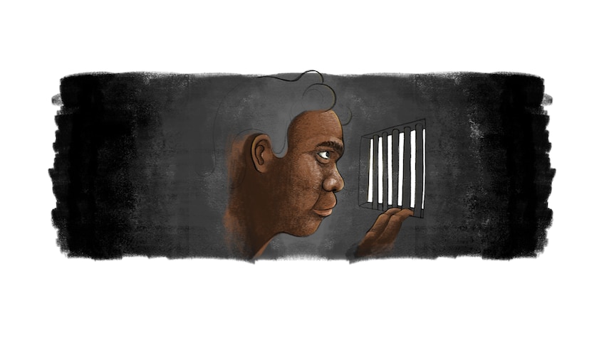 Illustration of Indigenous man behind bars with white framing.