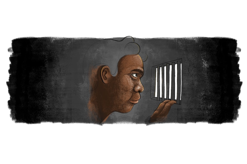 Illustration of Indigenous man behind bars with white framing.