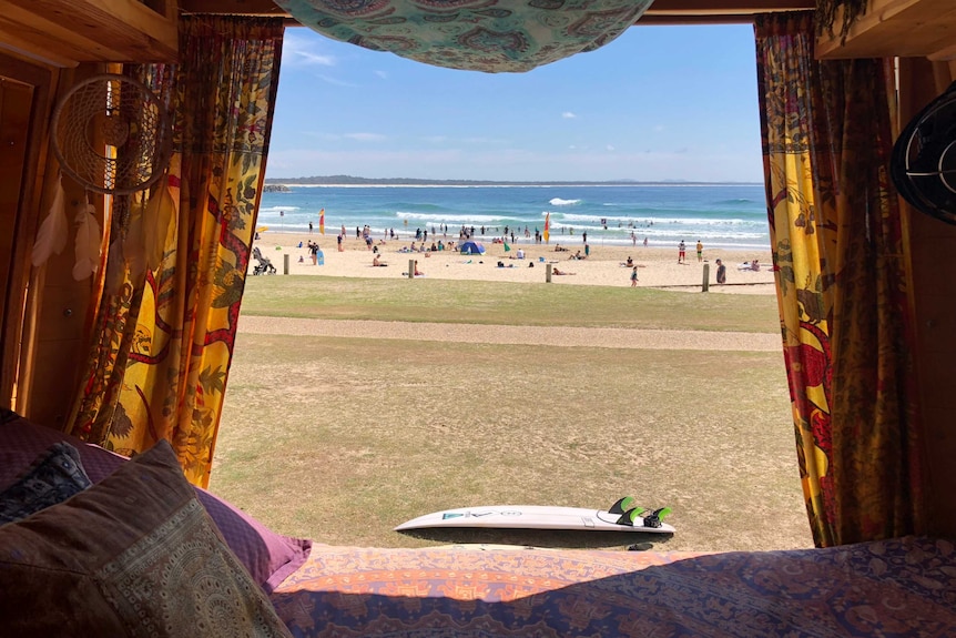 Beach views from a van.