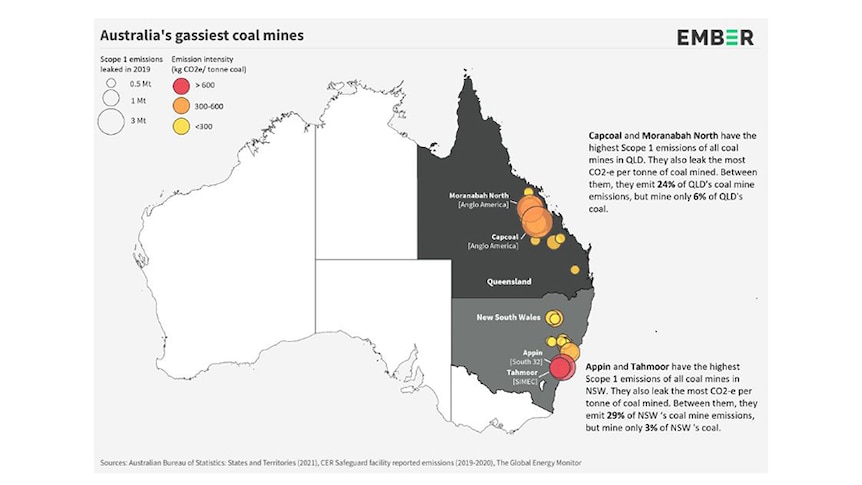 A map of Australia showing coal mining areas in Queensland and New South Wales where methane leaks have been detected.