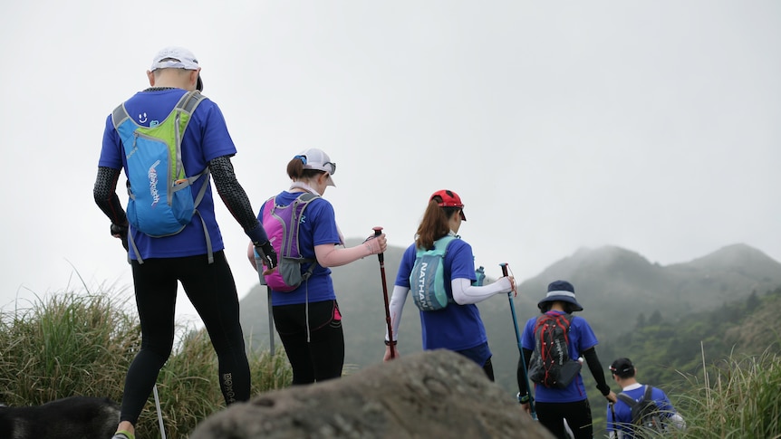 Five people walk on a trail on a foggy day.