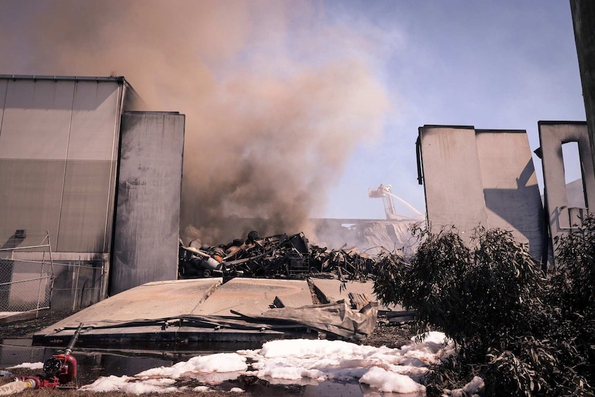 A burnt out factory site.