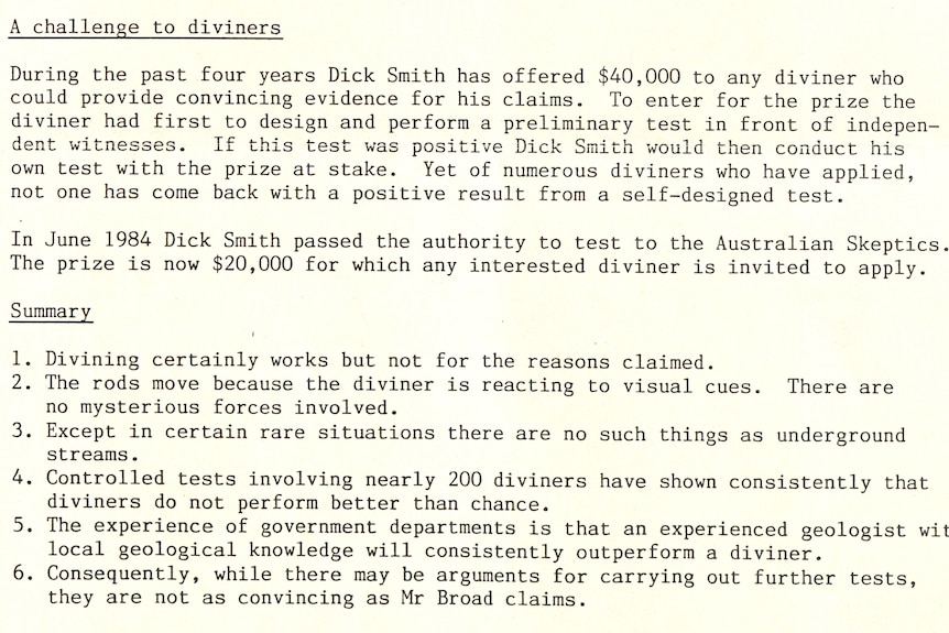 Atyped extract from a 1984 article, offering a $20,000 reward for proving water divining works.