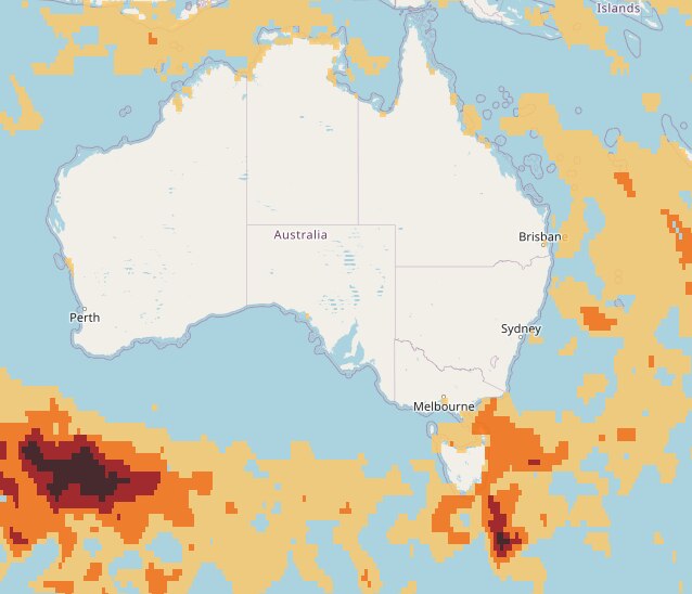A map of Australian showing extreme marine heatwave over south-east Tasmania.