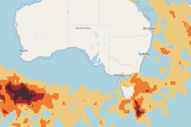 A map of Australian showing extreme marine heatwave over south-east Tasmania.