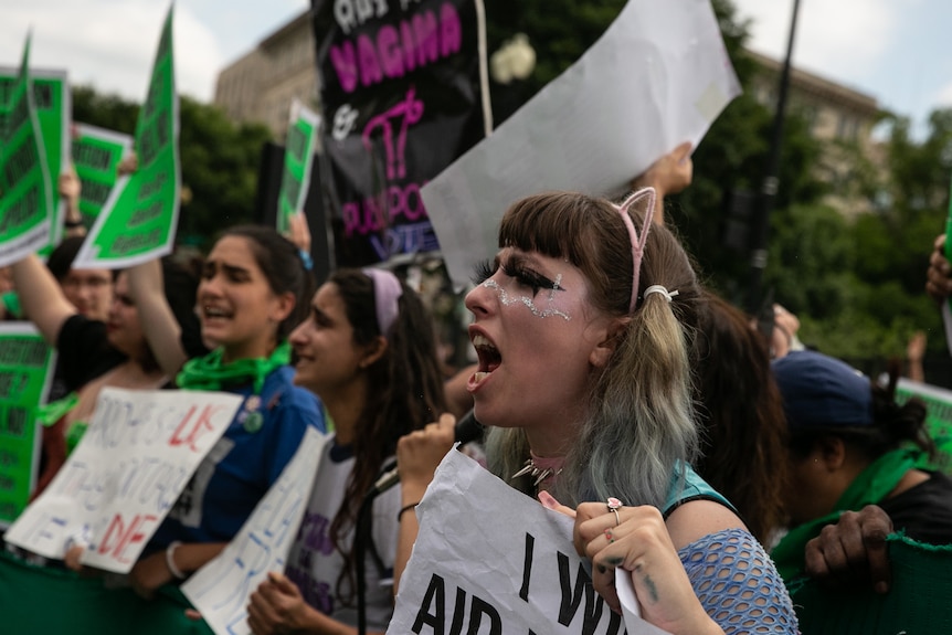 A women with glitter on her eyes wearing cat ears protests in front of the Supreme Court