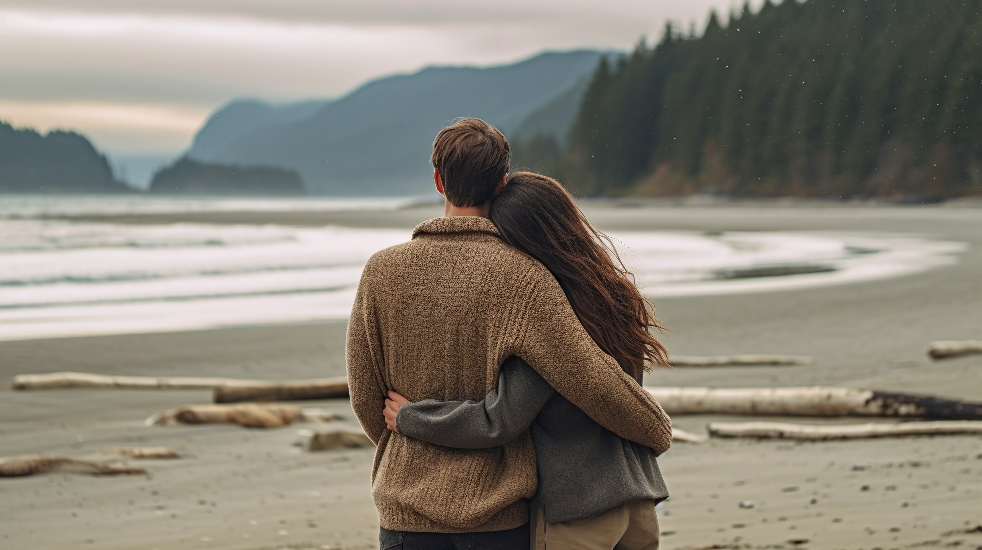 The backs of a young couple - man and woman - hugging on a beach