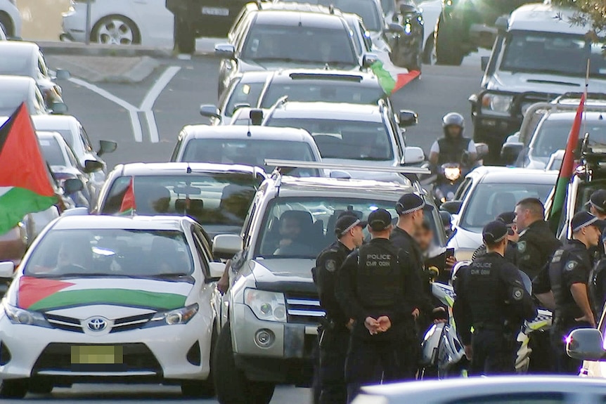 pro-palestinian supporters drive in a convoy to coogee in sydney's east on saturday 11 november