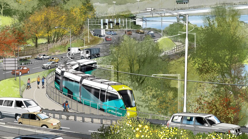 Sketch of Hobart-based light rail or tram project called Riverline