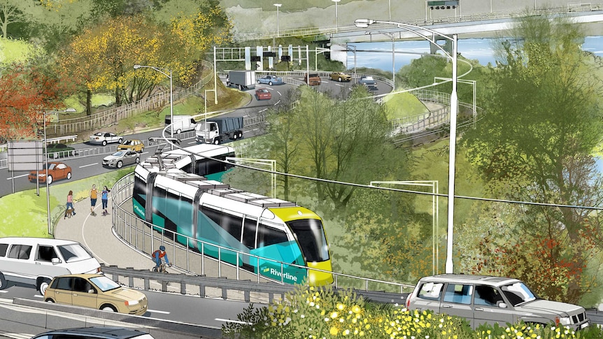 Sketch of Hobart-based light rail or tram project called Riverline