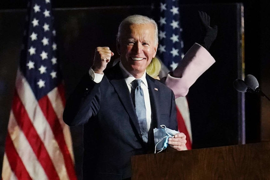 Joe Biden raises a fist in triumph