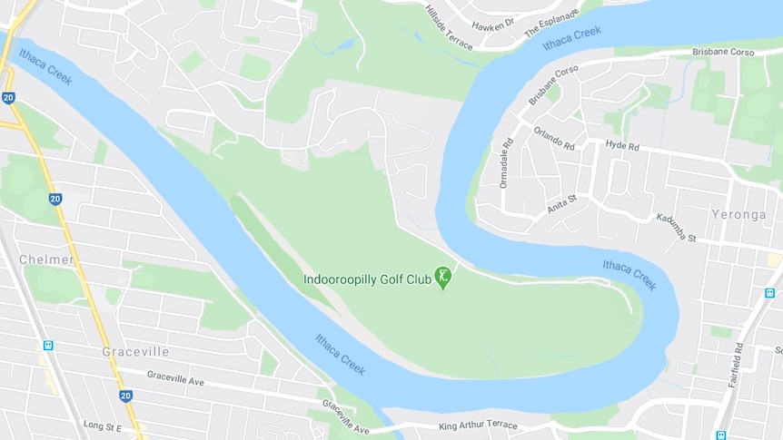 A screenshot of an electronic map showing the Brisbane River renamed Ithaca Creek.