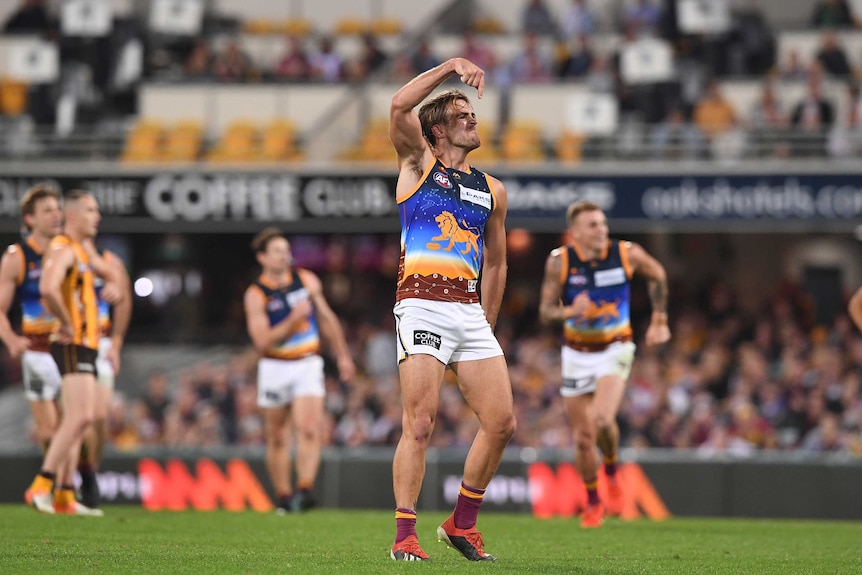 Rhys Mathieson celebrates a goal for the Lions