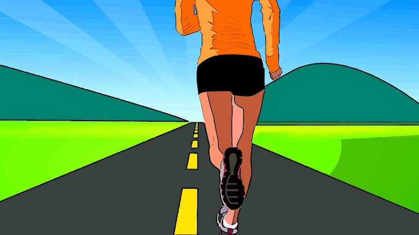Illustration of woman running on road.