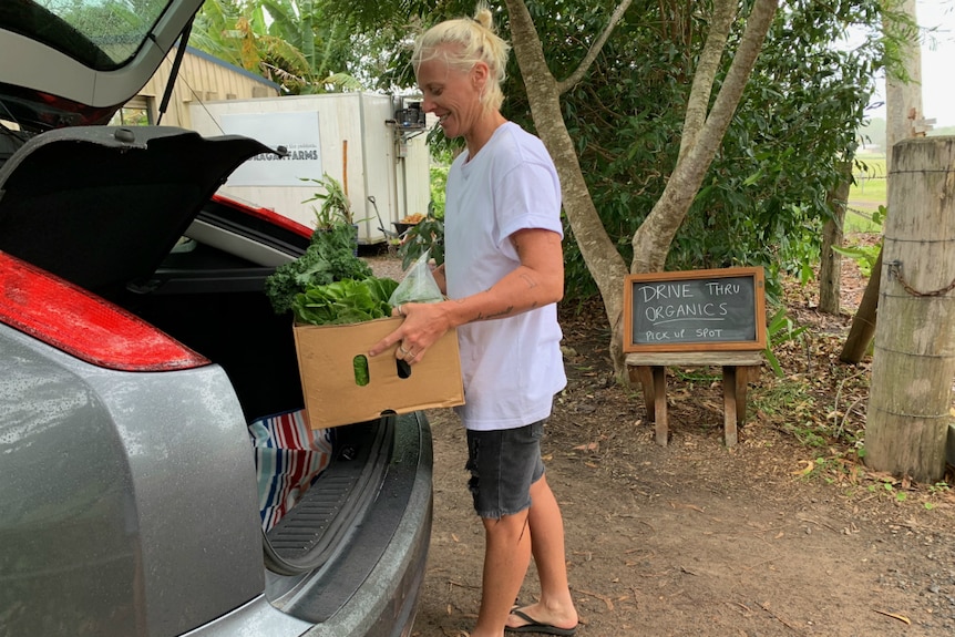 Loading a box of fresh produce into the back of a car.