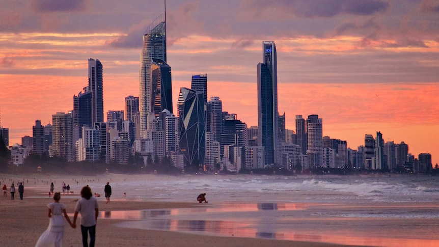 Sunset over the Gold Coast skyline, taking in the beach.