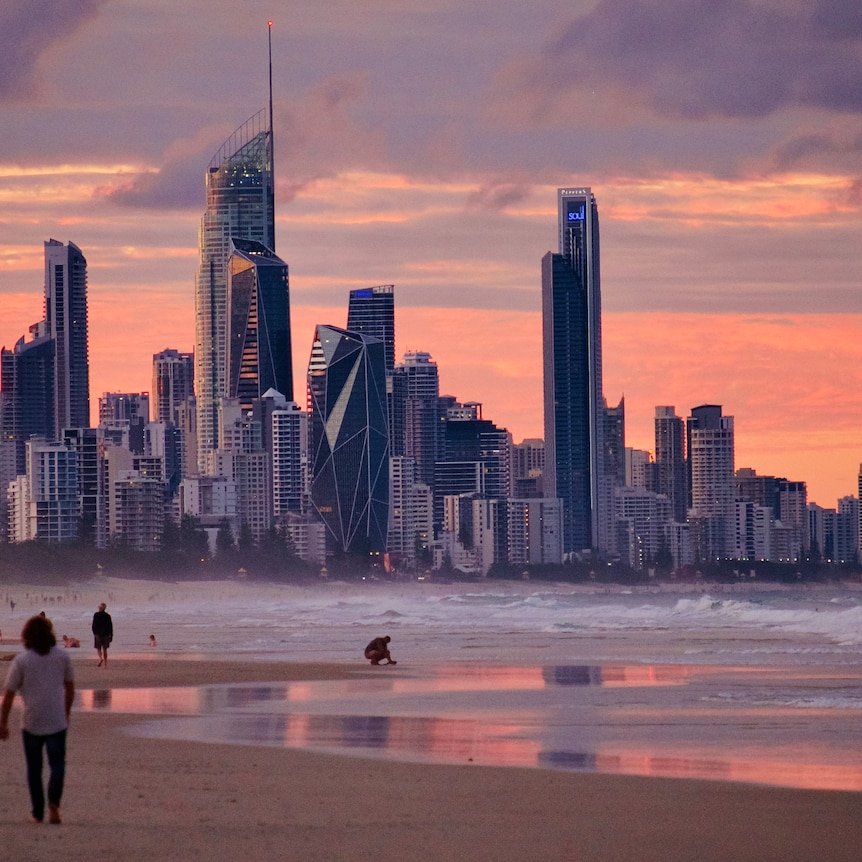 Sunset over the Gold Coast skyline, taking in the beach.