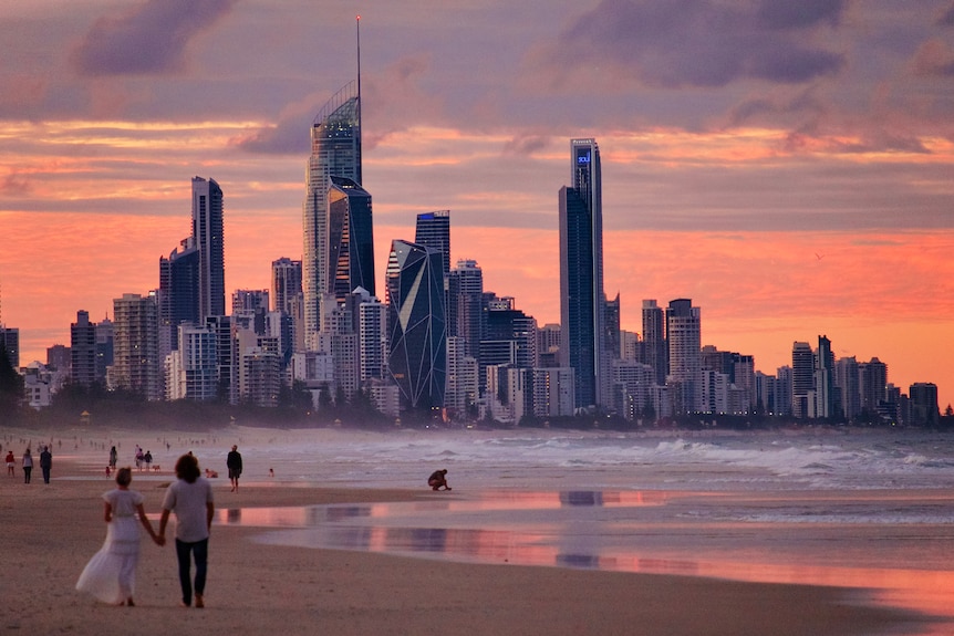 Sunset over the Gold Coast skyline, taking in the beach.