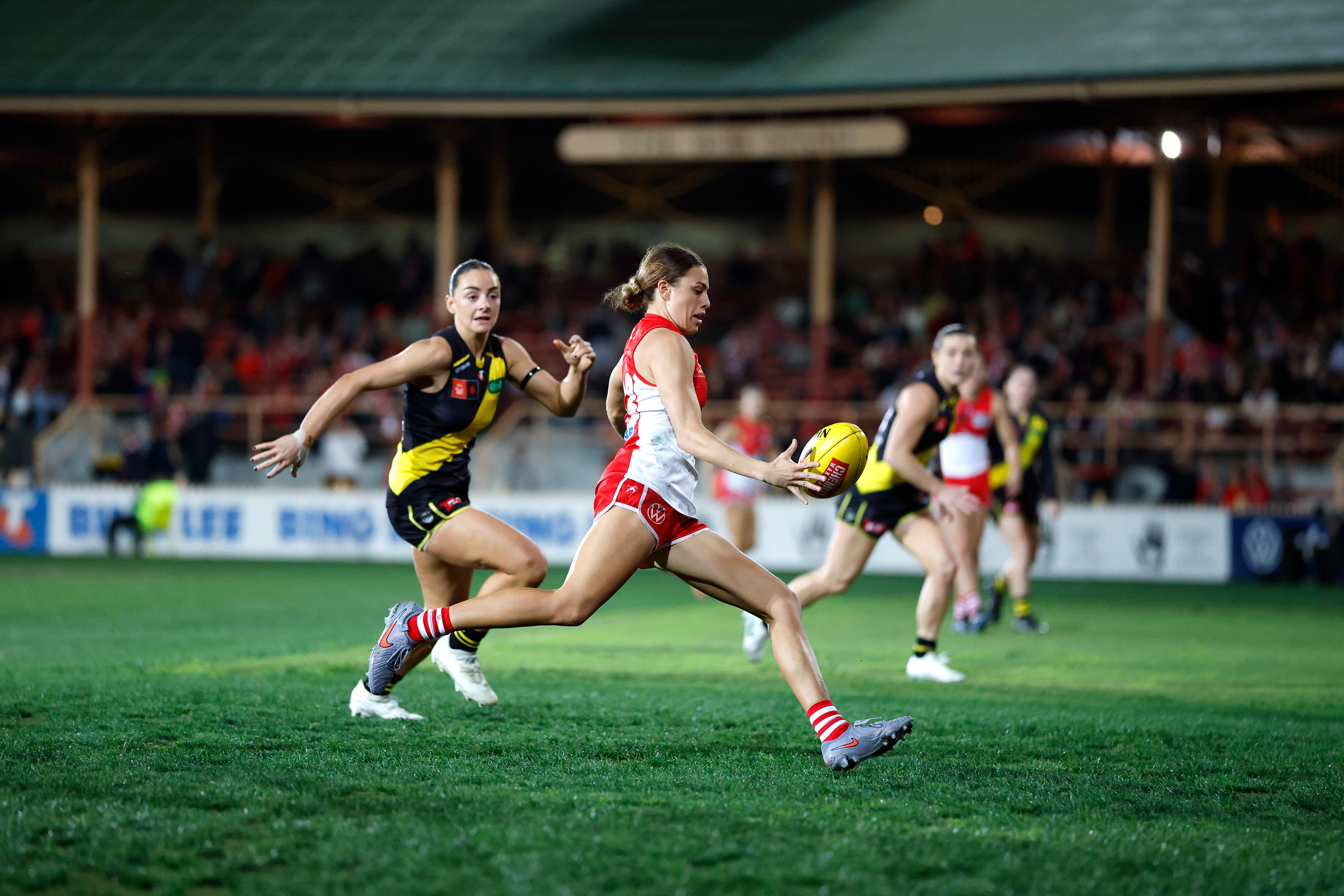 Zippy Fish of the Swans kicks the ball during the AFLW Round 1 match between Sydney Swans and Richmond Tigers.