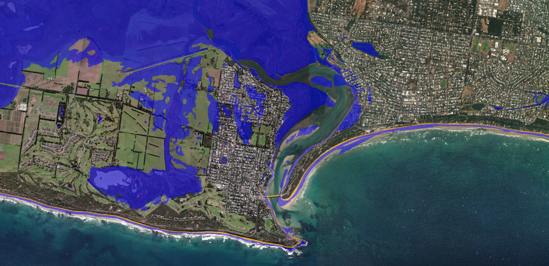 Flood mapping by the government that shows the ocean levels during at Barwon Heads during a storm surge using the 2009 baseline.
