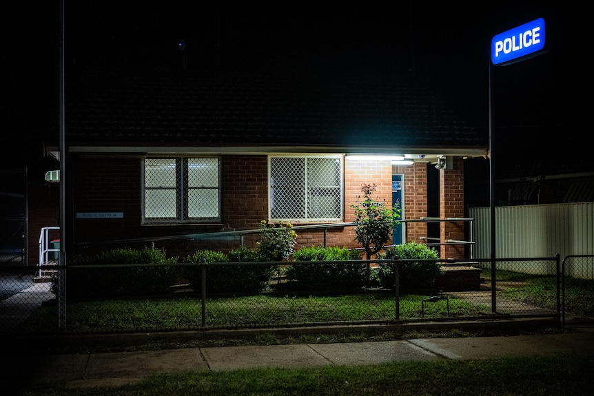 A night shot of the Lake Cargellio police station.