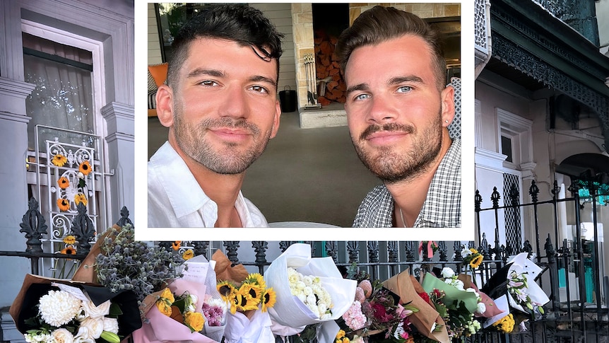 A picture of two men is cropped into a bigger image of the front of a home with dozens of flowers laid out the front.