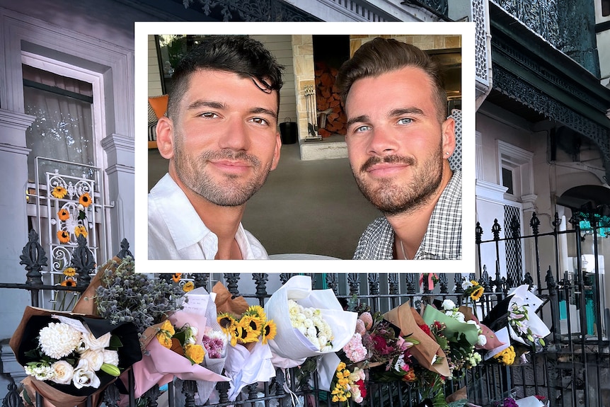 A picture of two men is cropped into a bigger image of the front of a home with dozens of flowers laid out the front.