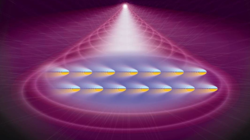 Artist's conception showing atoms being pushed by laser light.