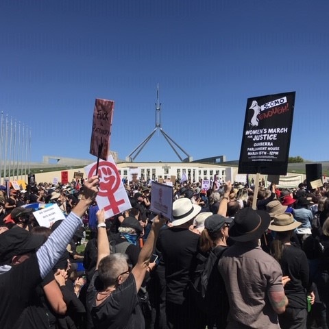 Hundreds of protesters gathered outside Parliament House in Canberra holding signs.
