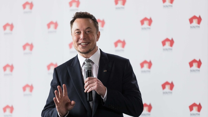Elon Musk holds a microphone and smiles.
