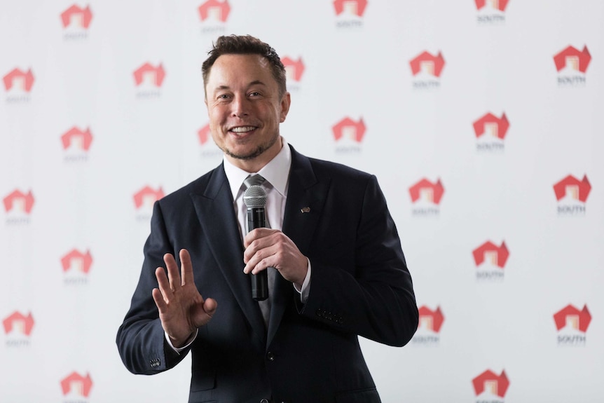 Elon Musk holds a microphone and smiles.