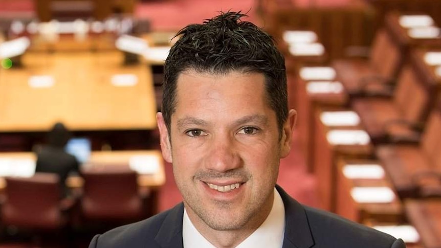 A man with dark brown hair wearing a suit in front of the Senate chamber