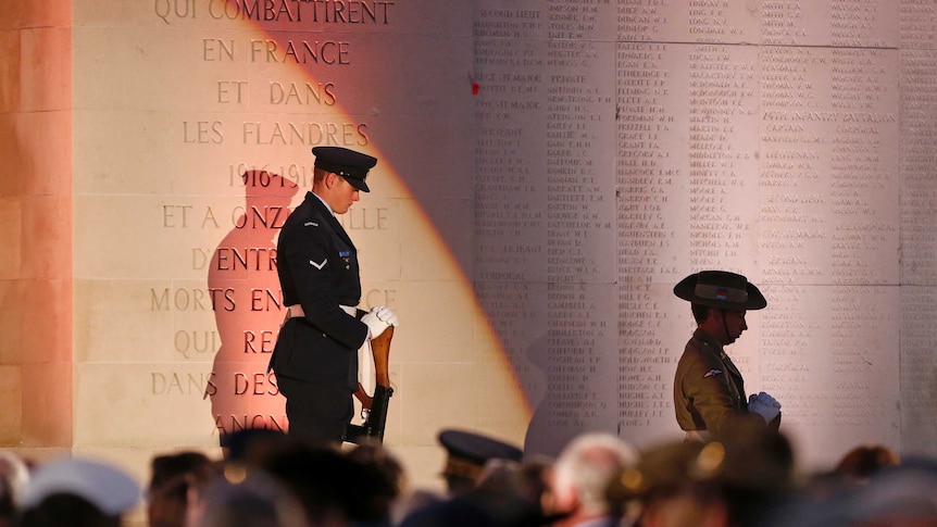 Soldiers at the dawn service mark the 98th Anzac commemoration at the Australian National Memorial in Villers-Bretonneux, 2013.