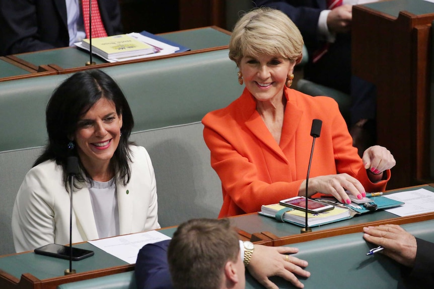 Julia Banks, wearing a white jacket and grey top, sits next to Julie Bishop resplendent in orange. Both women are smiling.