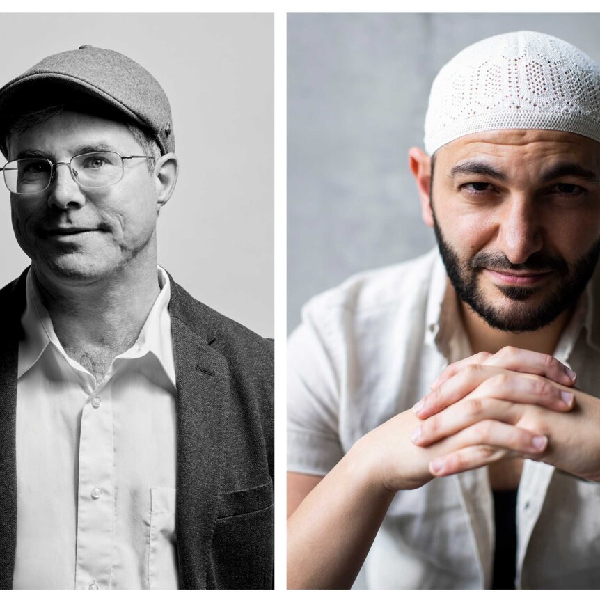 Author photo of Andy Weir in B&W on left and Michael Mohammed Ahmad on right.
