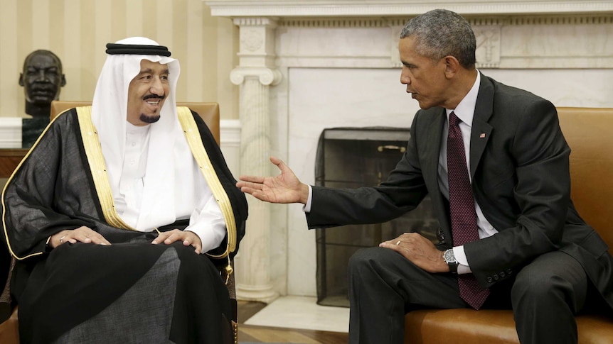 US President Barack Obama meets with Saudi King Salman bin Abdulaziz in the Oval Office of the White House