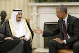 US President Barack Obama meets with Saudi King Salman bin Abdulaziz in the Oval Office of the White House