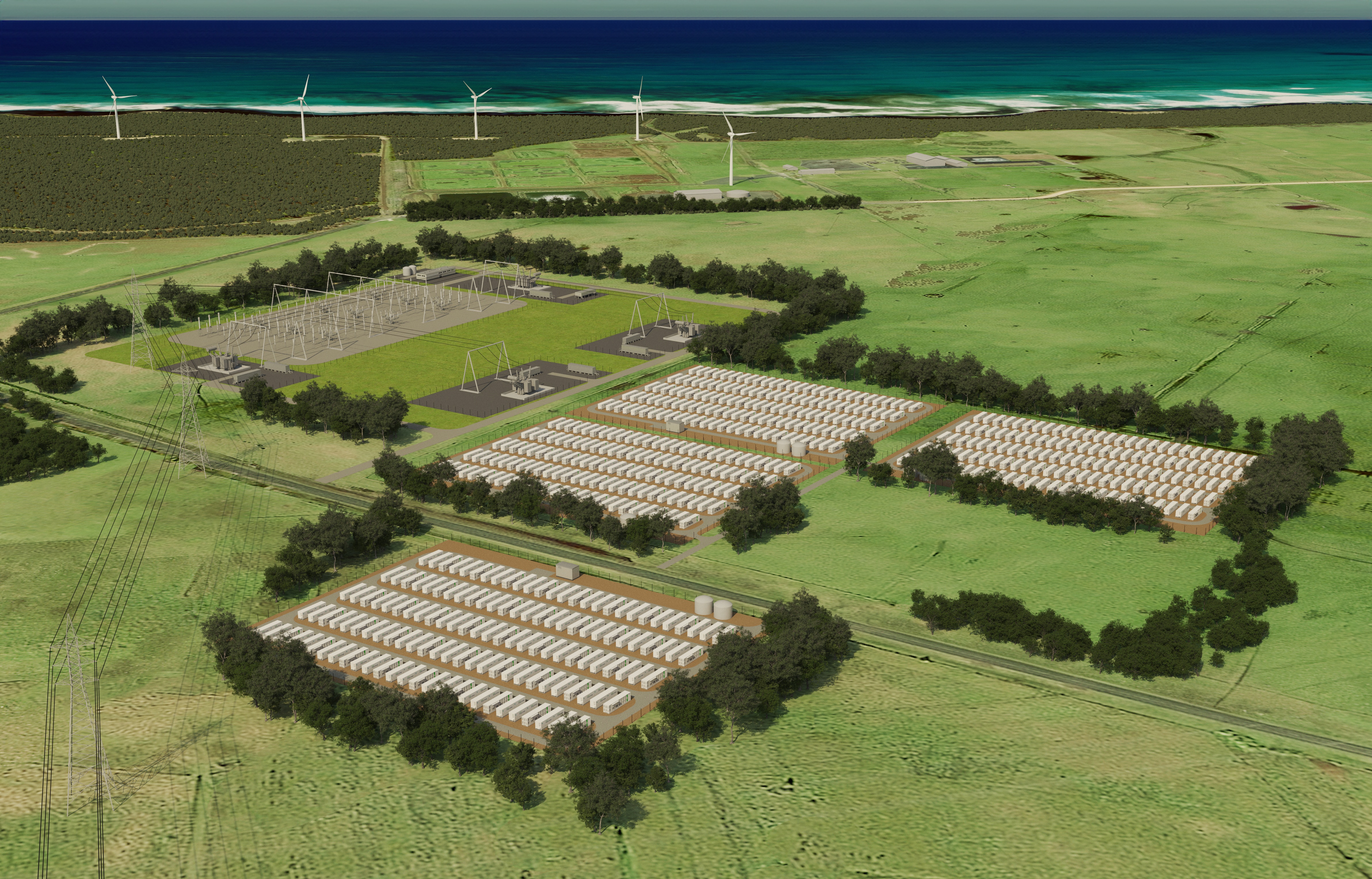 A graphic design of a large battery park near ocean and wind farms