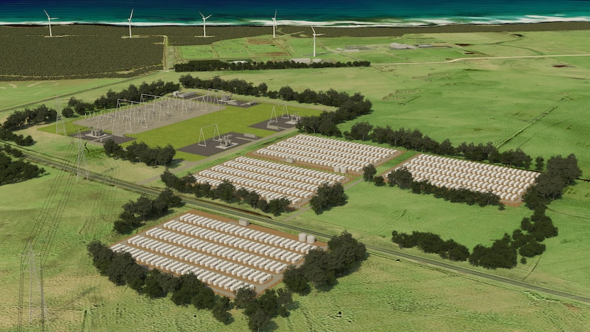 A graphic design of a large battery park near ocean and wind farms