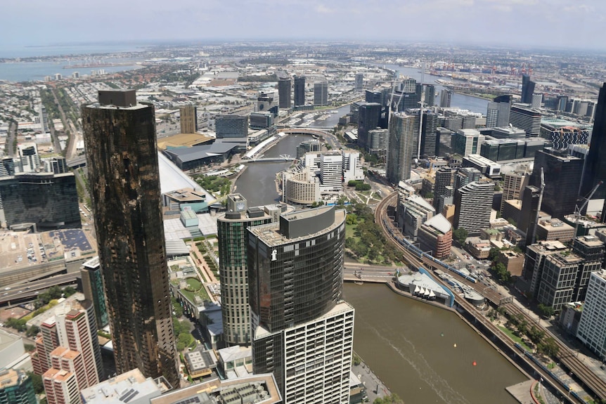 An aerial view of Melbourne including the Yarra River.