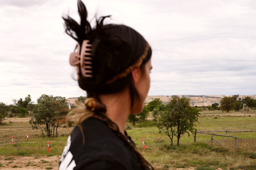 a woman with her hair in a claw clip looks over a large mine pit from afar