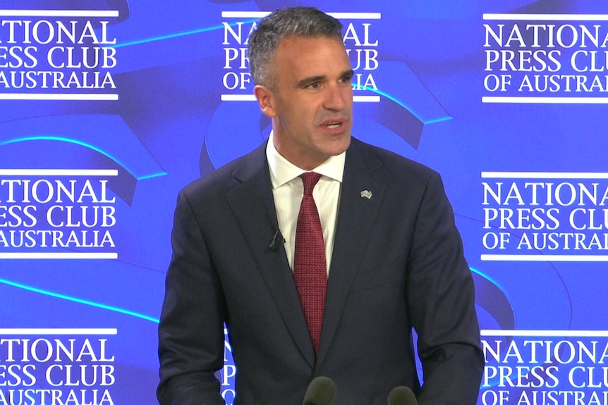 A man wearing a suit speaks in front of a background saying NATIONAL PRESS CLUB OF AUSTRALIA