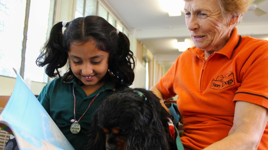 Year one students are learning to read with the help of dogs. Evelyn reds to dog team - Val and Doug