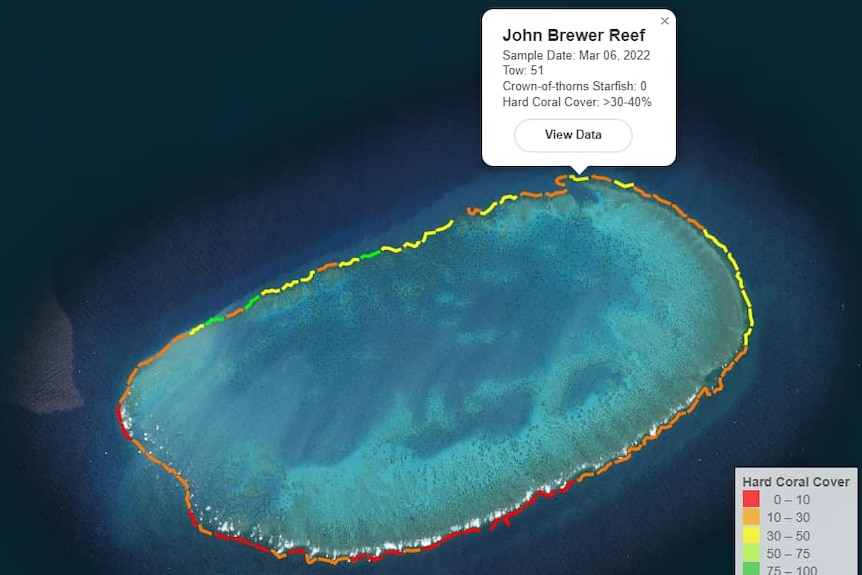  Aerial image of the John Brewer Reef with percentage of hard rock cover of sections of the reef mapped on top. 