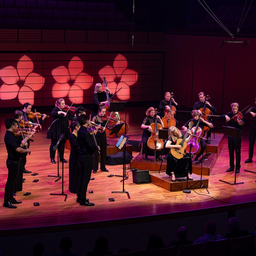 Camerata performing on stage with Karin Schaupp performing on guitar