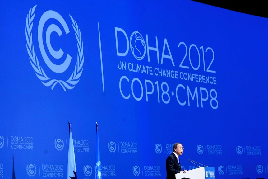 UN Secretary-General Ban Ki-moon addressing the Doha climate conference