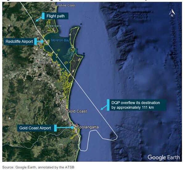 Map of VH-DQP flight path and distance from Redcliffe Airport.