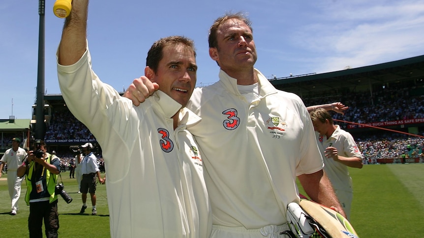 Justin Langer and Matthew Hayden after Australia wins the Ashes 5-0